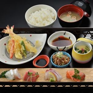 Sashimi and tempura set meal with medium fatty tuna