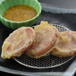 Unzen ham tempura / cream cheese and cherry tomato tempura each