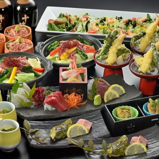 Spring banquet [Entertainment course] Colorful vegetable beef sukiyaki style ceramic plate hotpot, tempura, sashimi, chawanmushi, etc. {120 minutes all-you-can-drink included}