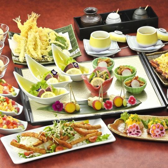 秋日盛宴【秋色】天婦羅拼盤、秋菜茶碗蒸煮、迷你散壽司等(含120分鐘無限暢飲)