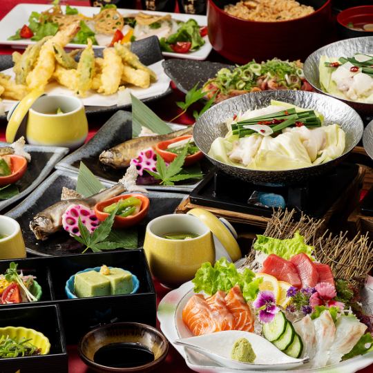 夏宴会【旬のコース】もつ鍋や鮎の塩焼き、刺身や天ぷら、鰻ひつまぶし等《120分飲み放題付》