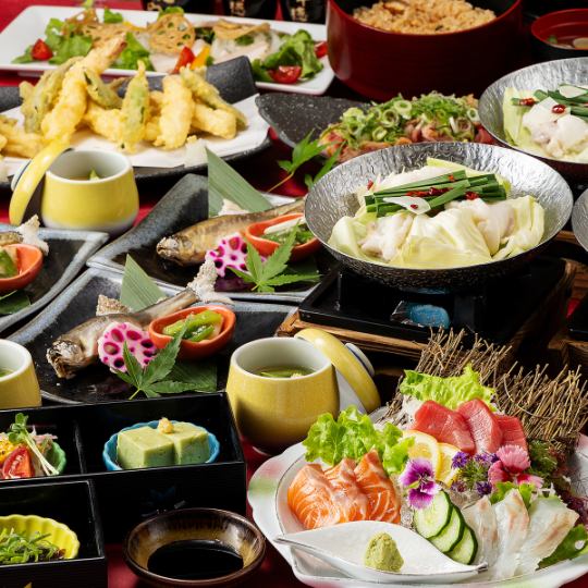 夏宴会【旬のコース】もつ鍋や鮎の塩焼き、刺身や天ぷら、鰻ひつまぶし等《120分飲み放題付》