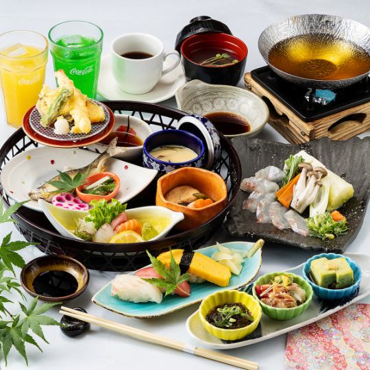お昼の籠御膳《夏》【風雅(ふうが)】鯛しゃぶ鍋・鮎塩焼き・刺身・天ぷら等《ドリンクバー付》
