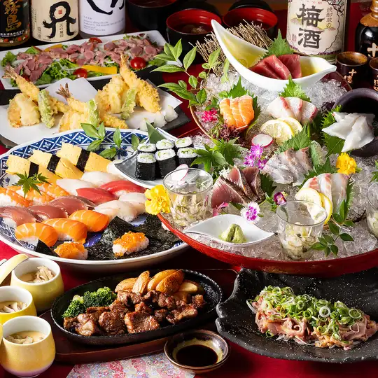 秋宴会【特選/中トロ入り寿司8貫・豪快刺身7種盛】中落カルビや親鶏たたき等《150分飲み放題付》