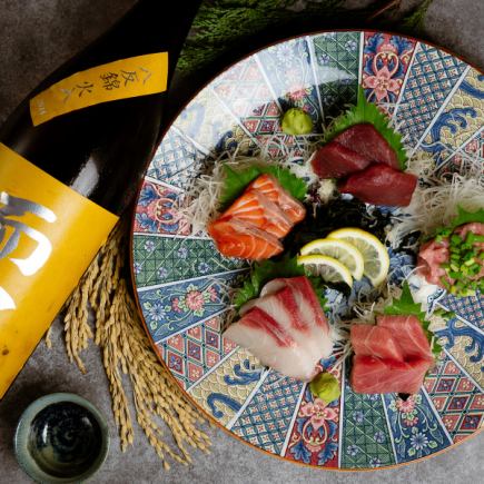 【旬の宴コース】鮮魚のお造り5種盛り合わせや地鶏料理など全8品・2.5時間飲み放題3980円