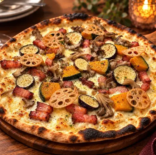 Pizza with plenty of autumn vegetables, bacon, and cheese