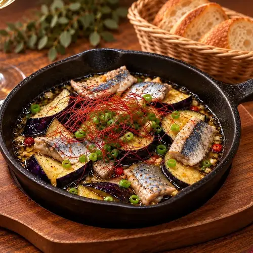 Ajillo with Pacific saury and autumn eggplant