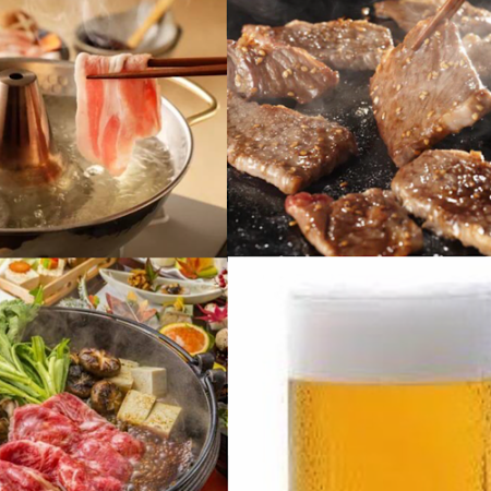 3月、周末、节假日前一天、选择主菜【保证包间、自助餐】（烤肉、猪肉涮锅、寿喜烧）、无限时间、4500日元