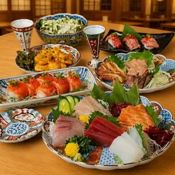 ■3H生付飲み放題『贅沢コース』鮮魚盛りに肉寿司やサーモンの棒寿司等〈全8品〉6000円⇒5000円