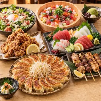 ■3小時暢飲（含生啤）：「惠比壽屋全享套餐」 濱松煎餃、烤串、海鮮散壽司（共8道菜） 5,500日元 ⇒ 4,500日元