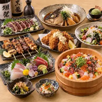 ■3小時暢飲生啤：“精選海鮮套餐”，包含生蠔、紅燒鰤魚頭、炙烤鰤魚（共9道菜） 6,000日元 ⇒ 5,000日元
