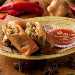 Deep fried green pepper and pork spring rolls