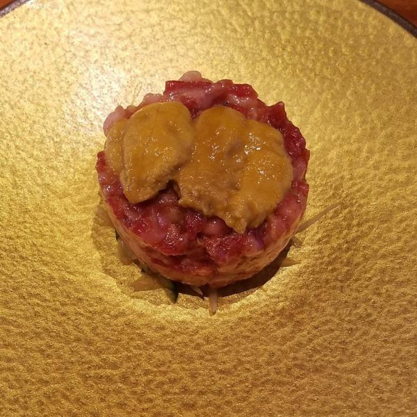 Specially selected sea urchin and Japanese black beef tartare