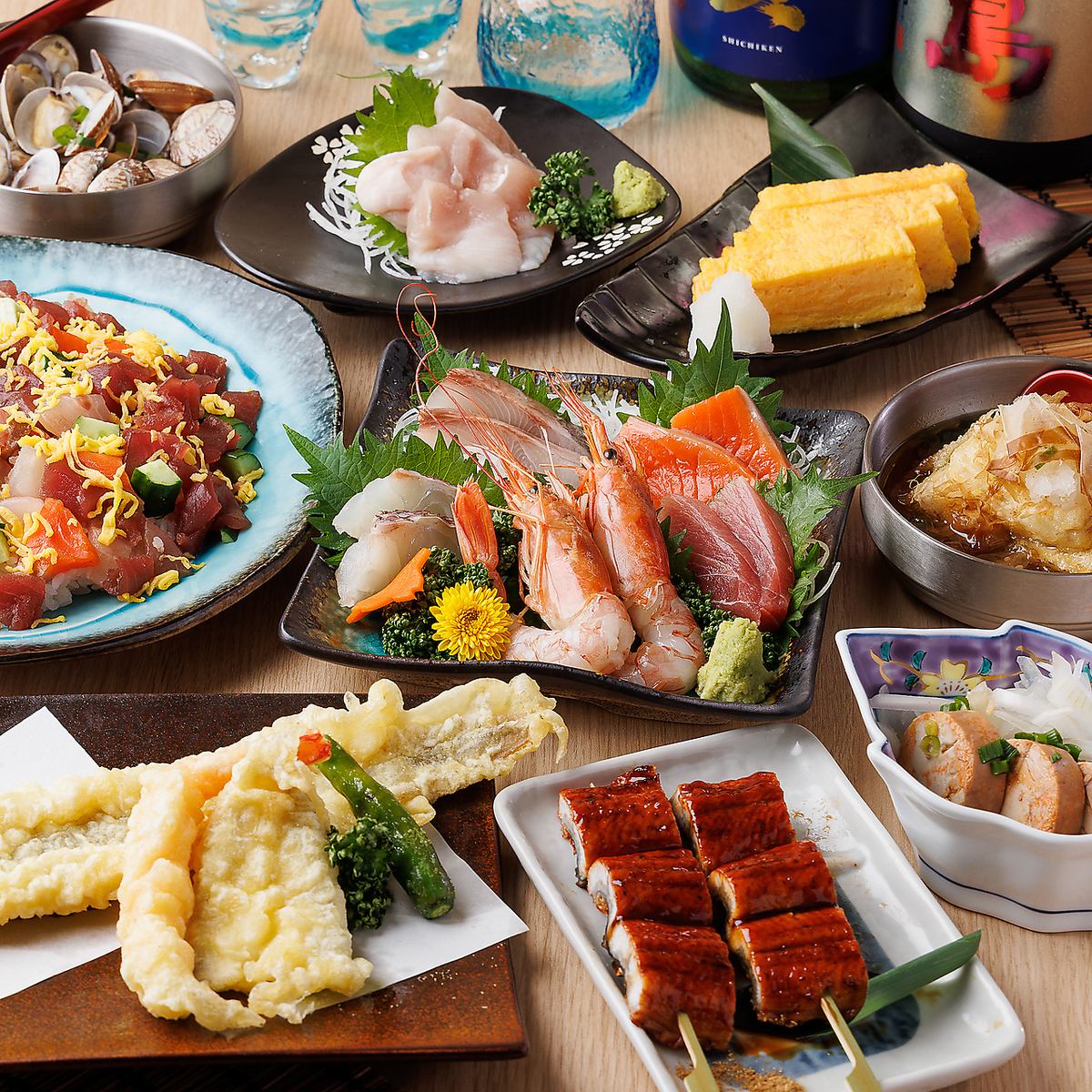使用時令食材的美食套餐3,300日圓起，附贈3小時無限暢飲！