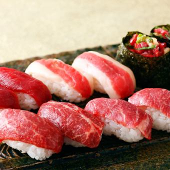【3H生ビール付飲放】 名古屋コーチンと国産和牛の肉寿司食べ比べ全9品◎肉寿司堪能コース