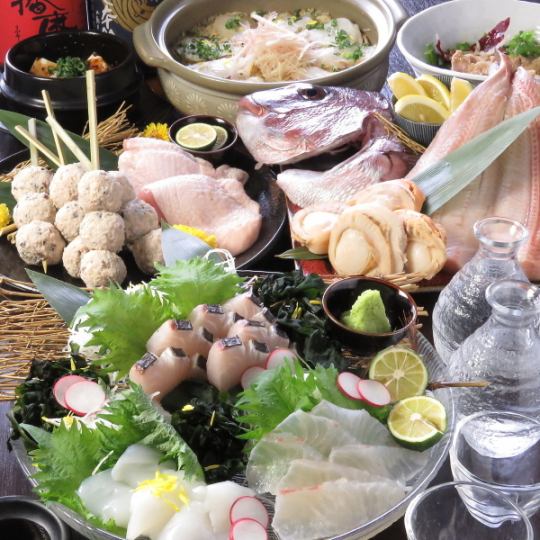 非常适合各种宴会◎【仅限烹饪】包括陶锅在内的肉类和鱼类的烧烤套餐共9道菜，4,500日元（含税）。