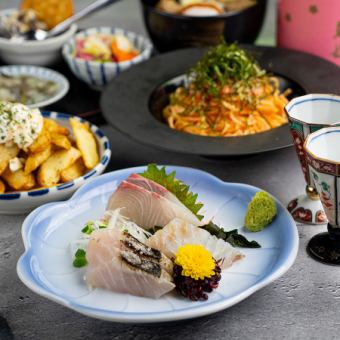 【A】日式套餐，內含三道新鮮魚類和招牌菜色－共6道菜－2小時暢飲（50種飲品）－5,000日圓 → 3,500日圓