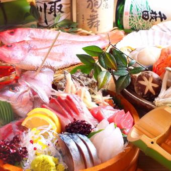 【推薦用於迎送會！】生魚片拼盤和加賀蔬菜的北陸愉快套餐共9道菜！6,000日元（含稅）+90分鐘無限暢飲