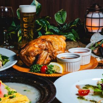 Super luxurious beer can chicken and seafood foil-baked course, with all-you-can-drink draft beer