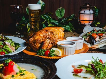 Super luxurious beer can chicken and seafood foil-baked course, with all-you-can-drink draft beer