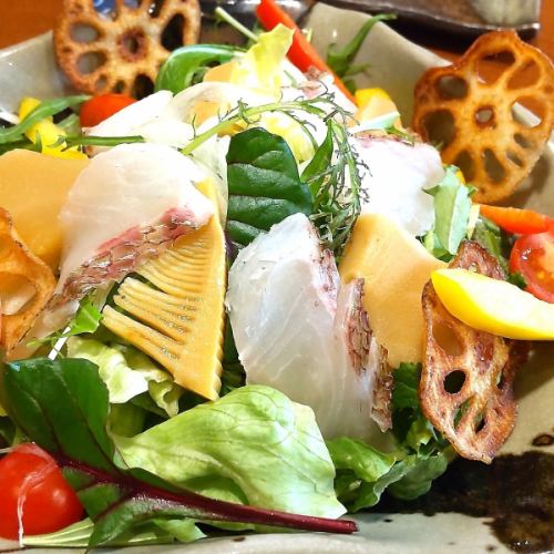 Colorful salad of red sea bream and bamboo shoots