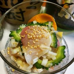 ゴーヤとかんぱちのねぎ塩レモン和え