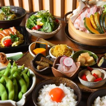 6/1開始！卵かけご飯おかわりOK！もち豚と夏野菜のせいろ蒸し【夏の彩いろどりコース】3,000円