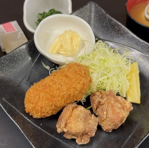 自家製鶏の唐揚げとカニクリームコロッケ定食