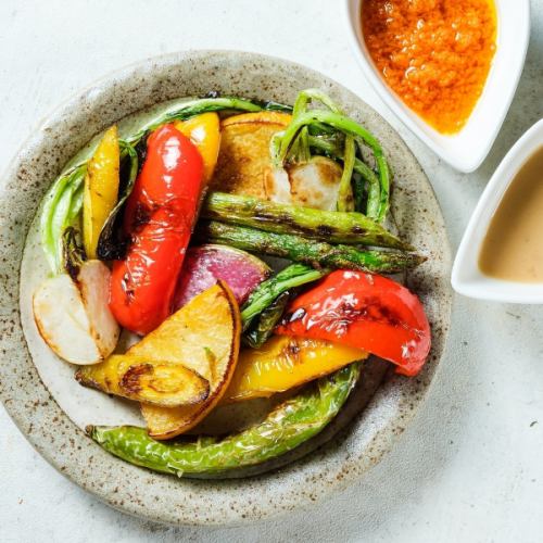 Assortment of grilled organic and domestic vegetables with two types of sauce