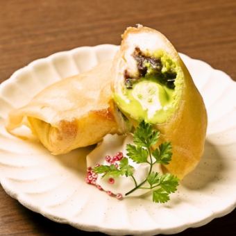 Deep fried spring rolls with matcha ice cream