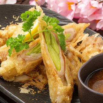 にんにくの芽　豚のまきまき揚げ