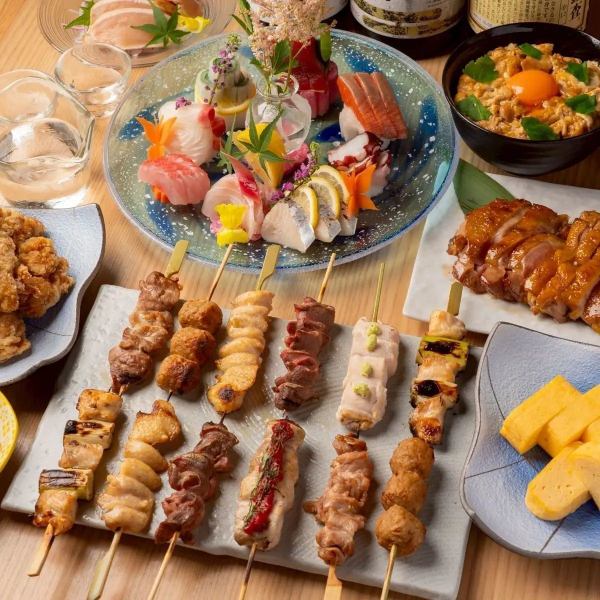 【3H飲放】産直旬魚刺し×宮崎地鶏やイカ丸焼きに特選焼き鳥盛合せ『笑門』全8品4880円⇒4000円