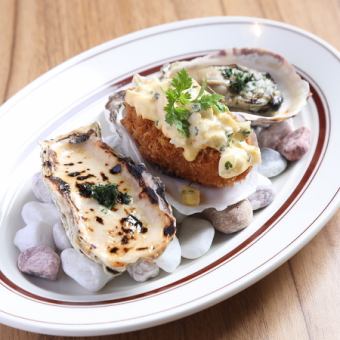 Three kinds of oyster medley platter (fried, gratin, garlic butter)