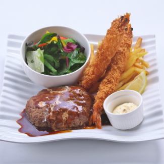 Special hamburger steak and fried shrimp