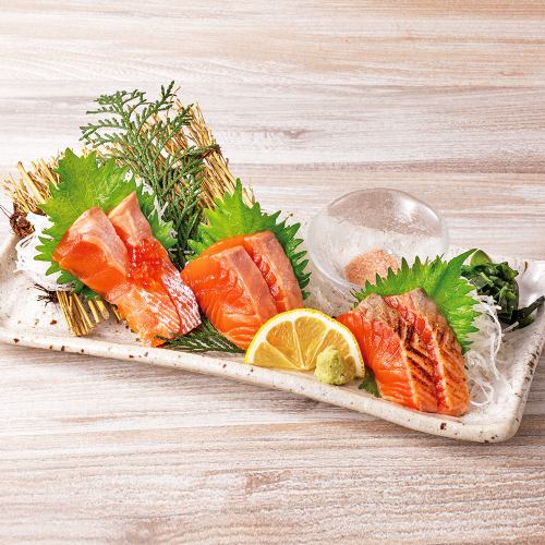 国産サーモンの刺身 三種の食べ方で