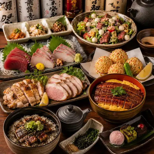 【ご褒美コース】贅沢。刺身三種やお肉二種盛り、鰻玉丼など。3時間飲み放題＋料理8品6000円