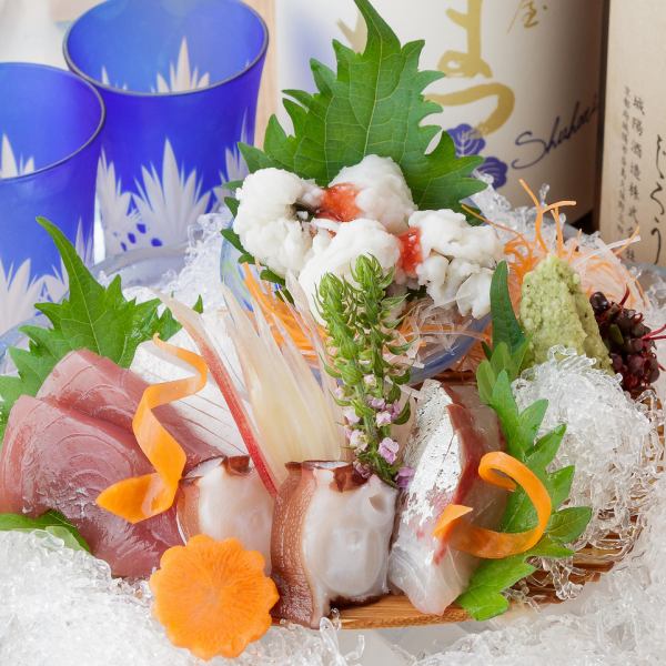 【旬魚のお造り盛り合わせ】人気No.1メニューです。