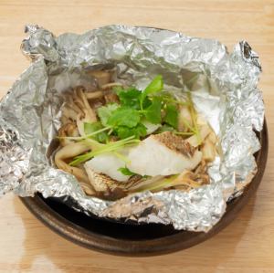 White fish and mushrooms baked in foil (ponzu sauce, anchovy butter)