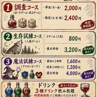 【冒険者ギルド推奨メニュー◇選べる3つの冒険コース】1.調査コース(ボードゲーム)：平日2000円