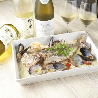 アクアパッツァプラン6000円乾杯シャブリ付飲み放題。牡蠣料理やアクアパッツァ全8品。