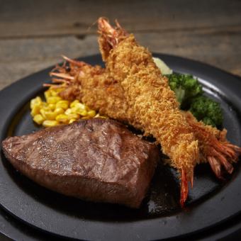 Fried shrimp and American steak