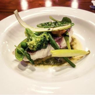 Roasted sea bream, assorted greens, lettuce cream