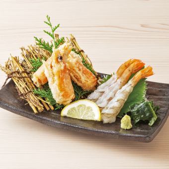 천연 새우 사시미 (3 꼬리) 머리 튀김 포함