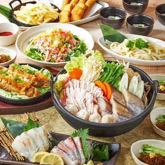 [Sakanaya] 8 dishes including pork belly hot pot with cod and squid dumplings, sashimi platter, and grilled chicken thigh + 2 hours all-you-can-drink for 4000 yen