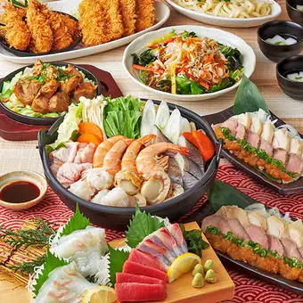 [Big Catch] 8 dishes including seafood and young chicken hot pot, sashimi platter with bluefin tuna, tuna tail steak, etc. + 2 hours all-you-can-drink for 5000 yen