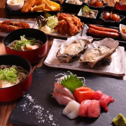 牡蠣2種や本マグロに寿司も込みで全9品日本酒15種含90分飲み放題付6500円