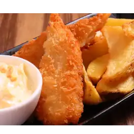 Fish and chips with smoked pickled radish tartar sauce