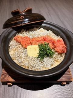 Clay pot rice with whitebait, mentaiko (spicy cod roe), and butter.