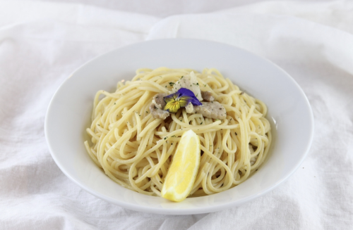 White pasta with homemade pancetta