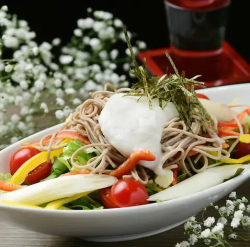 Japanese-style salad of green tea soba noodles and yam